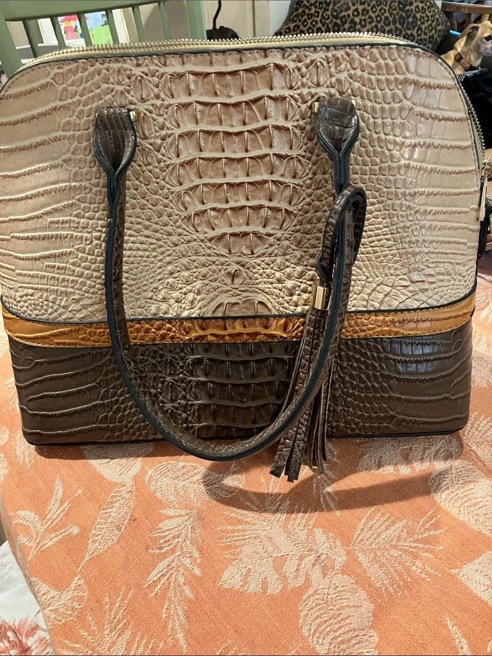 Convertible Croc-Embossed Dome Satchel in Beige and Brown